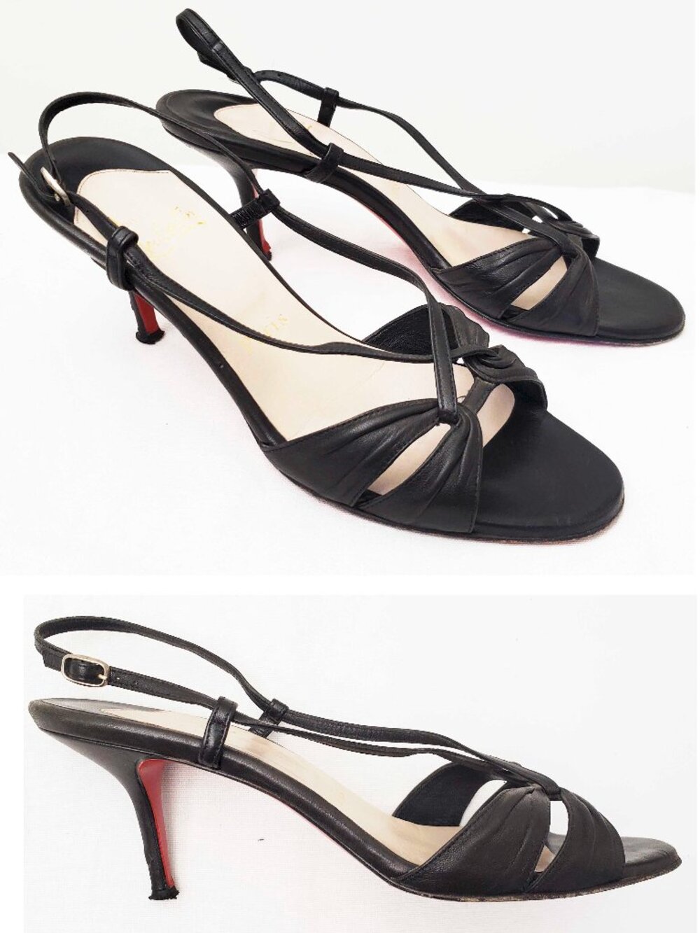 Christian Louboutin Women's Black Leather Sandals Heels Stilettos Slingback 38